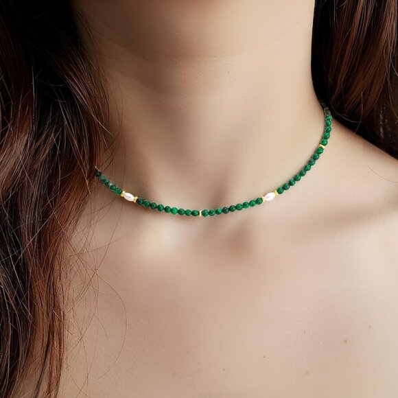 Natural Green Malachite Necklace 17in Beaded Choker with Gold Beads Pearl - Picture 3 of 6
